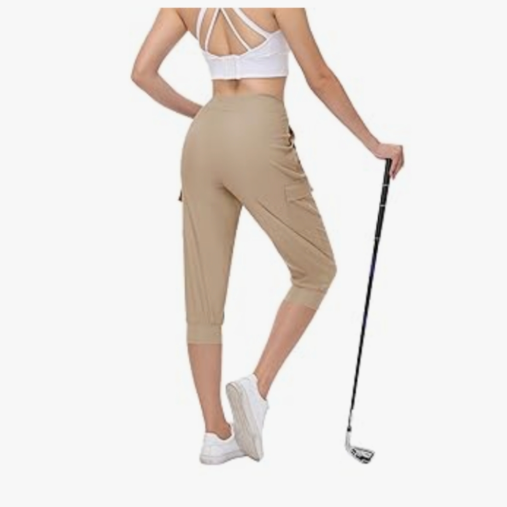 Capri Cargo Joggers Cropped Golf/Leisure Athletic Pants Khaki Sz L - Picture 2 of 12